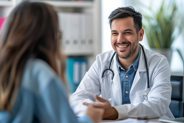 Friendly cardiologist in a lab coat holding a consultation with a patient at Riverside Cardiology Associates
